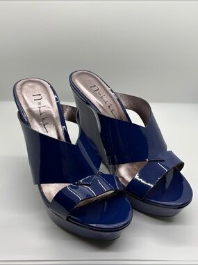 Nicole Miller Blue Patent Crossover Slide Heels